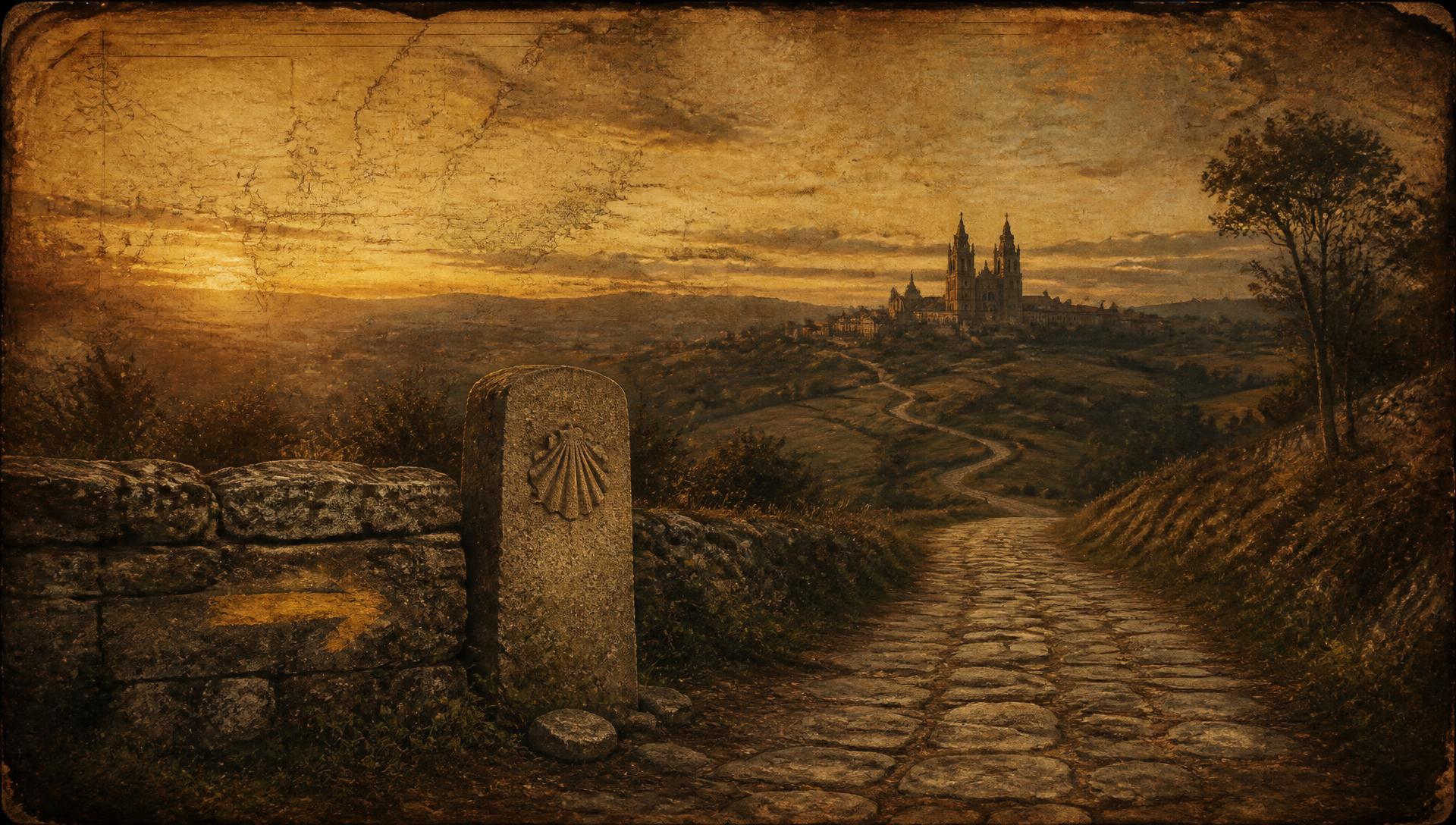 Stone Camino path winding through Galician hills toward a distant cathedral at sunset
